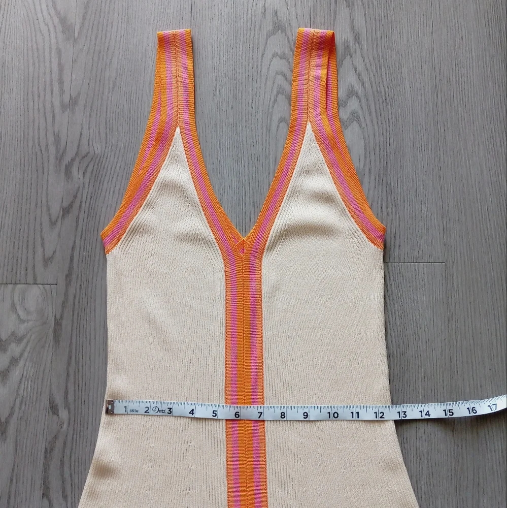 Sandro Piana V Neck Ribbed Midi Dress Ecru Orange Boarder Stripe 42 - Picture 13 of 16